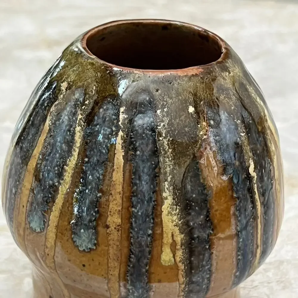 Studio Art Pottery Vase Brown Multicolor Drip Glaze Sculptural Form 5” Signed